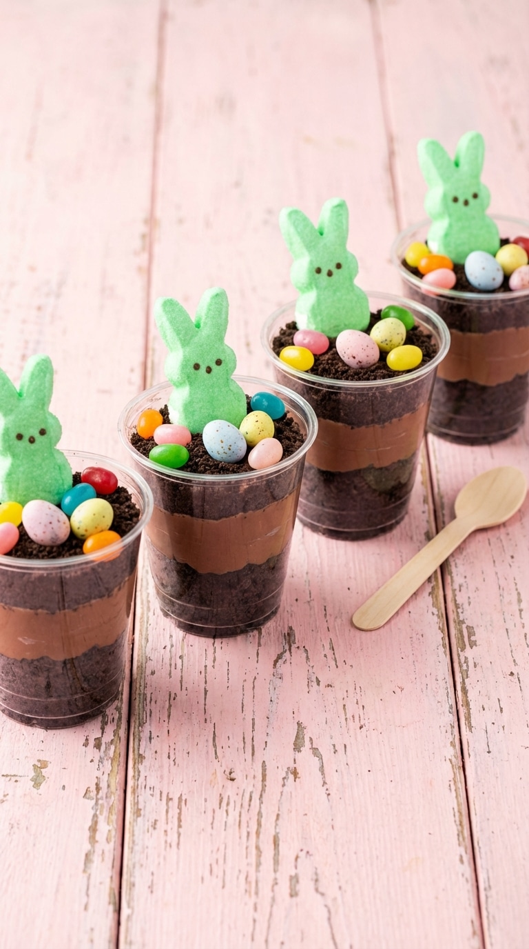 Four clear cups filled with chocolate pudding and cookie crumbs, topped with green Peeps bunnies and Easter candy on a pastel wooden table.