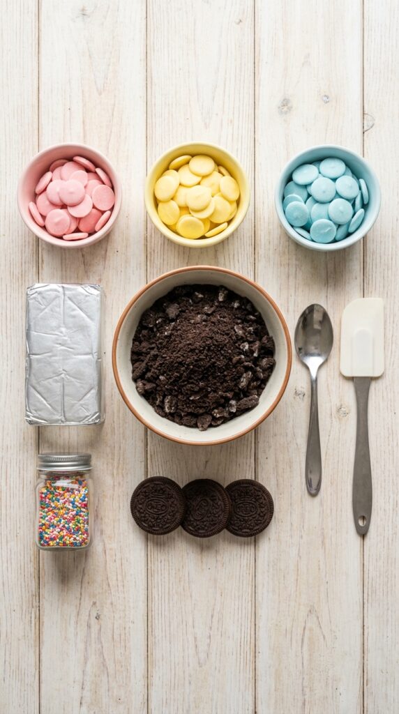 A flat lay showing crushed Oreos, cream cheese, bowls of pastel candy melts, and spring sprinkles on a wooden board.