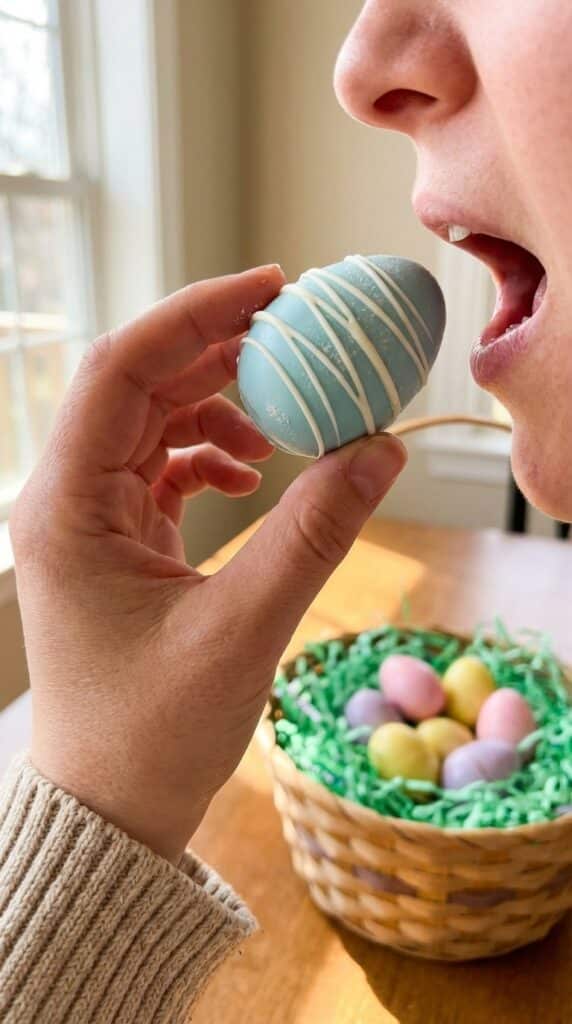A close-up of a hand holding a light blue, chocolate-covered Oreo egg treat, with an Easter basket in the background.