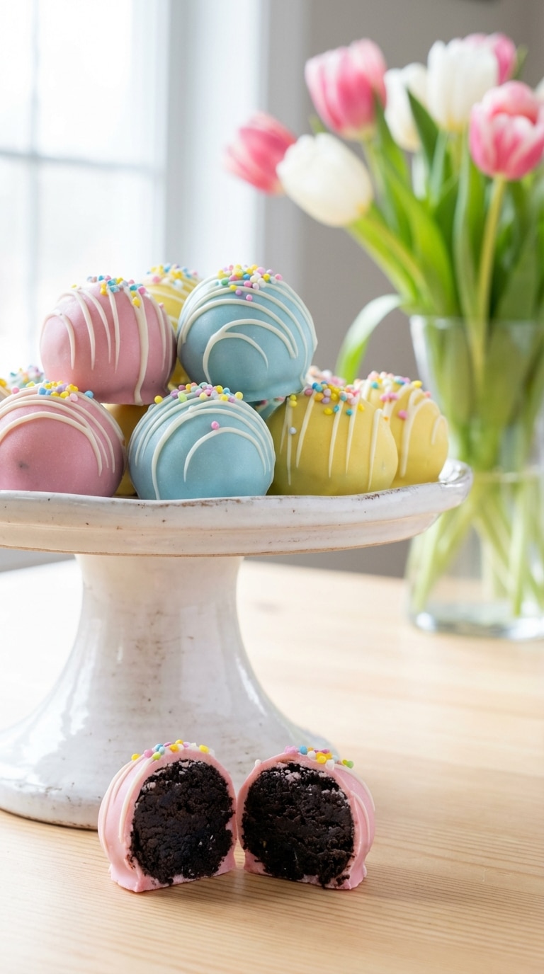 A white platter filled with pastel pink, blue, and yellow chocolate-covered Oreo eggs, with one cut open to show the dark, fudgy cookie center.