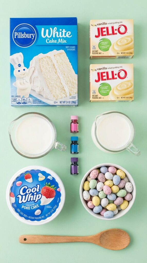 A flat lay showing white cake mix, pudding boxes, milk, whipped topping, food coloring, and pastel candy eggs on a green background.