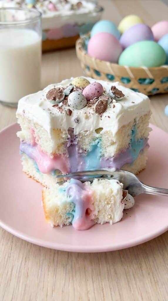 A close-up side view of a slice of Easter poke cake on a plate, showing the pastel pudding stripes inside the white cake.