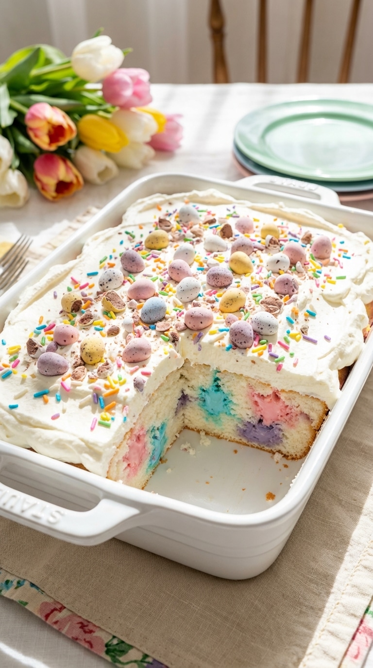 A 9x13 baking dish holding an Easter poke cake frosted with whipped cream and topped with crushed pastel candy eggs.