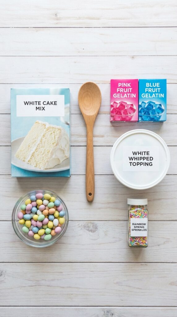 A flat lay showing white cake mix, boxes of pink and blue jello, whipped topping, pastel candy eggs, and sprinkles on a wooden board.