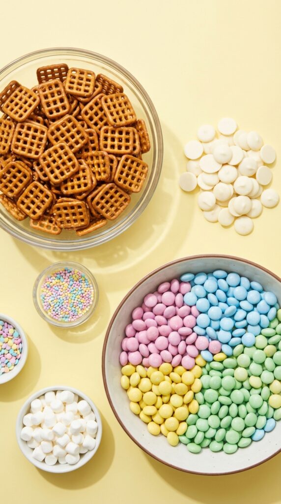 A flat lay showing a bowl of square pretzels, white candy melts, and pastel M&Ms on a yellow background.