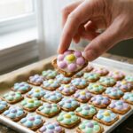 A close-up of a hand pressing a pink pastel M&M into a melted white chocolate pretzel bite to form a flower shape.