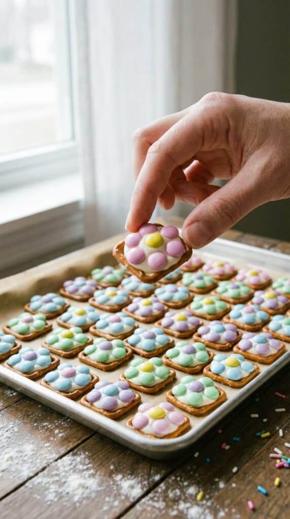 A close-up of a hand pressing a pink pastel M&M into a melted white chocolate pretzel bite to form a flower shape.