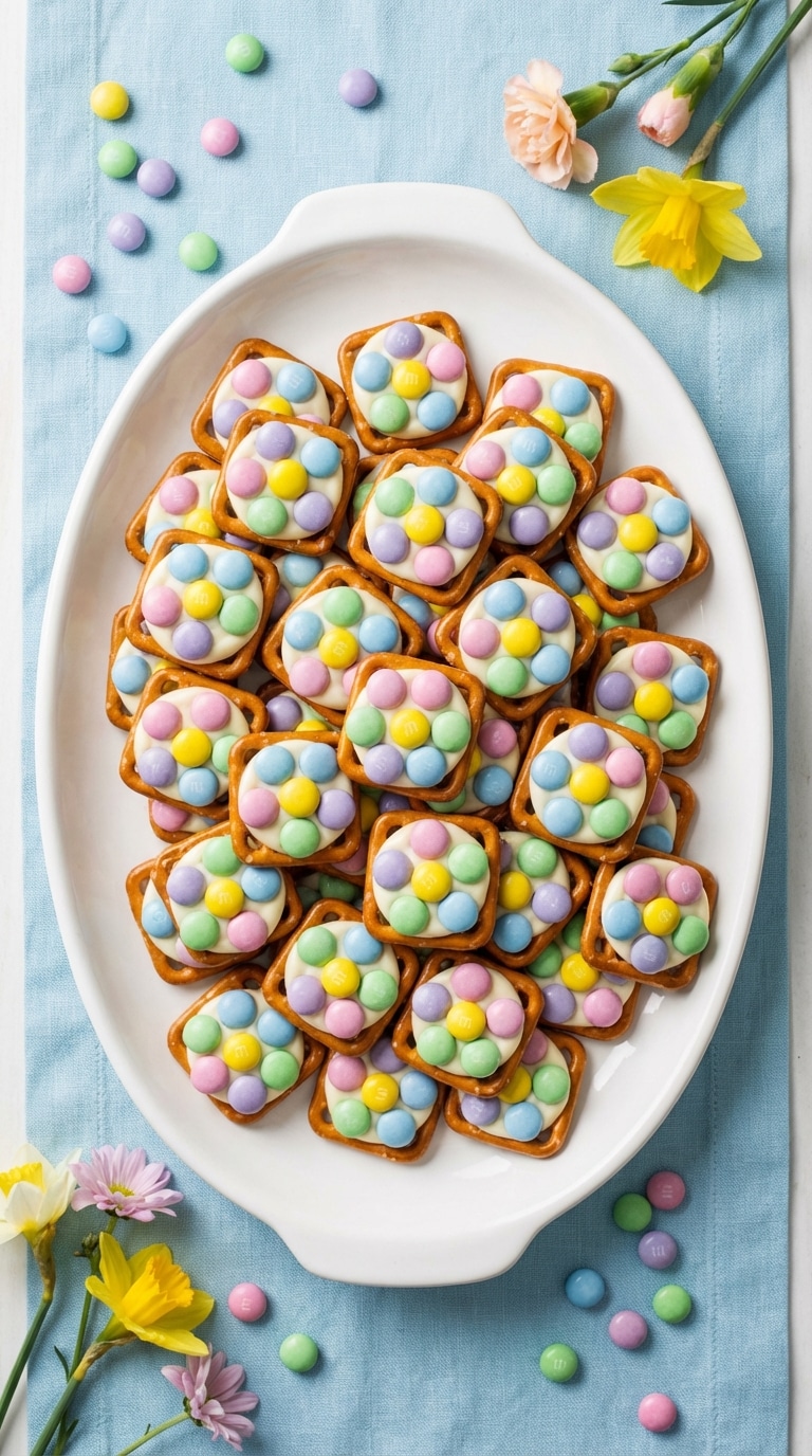 A top-down view of a white platter filled with square pretzels topped with white chocolate and pastel M&Ms arranged like flowers.
