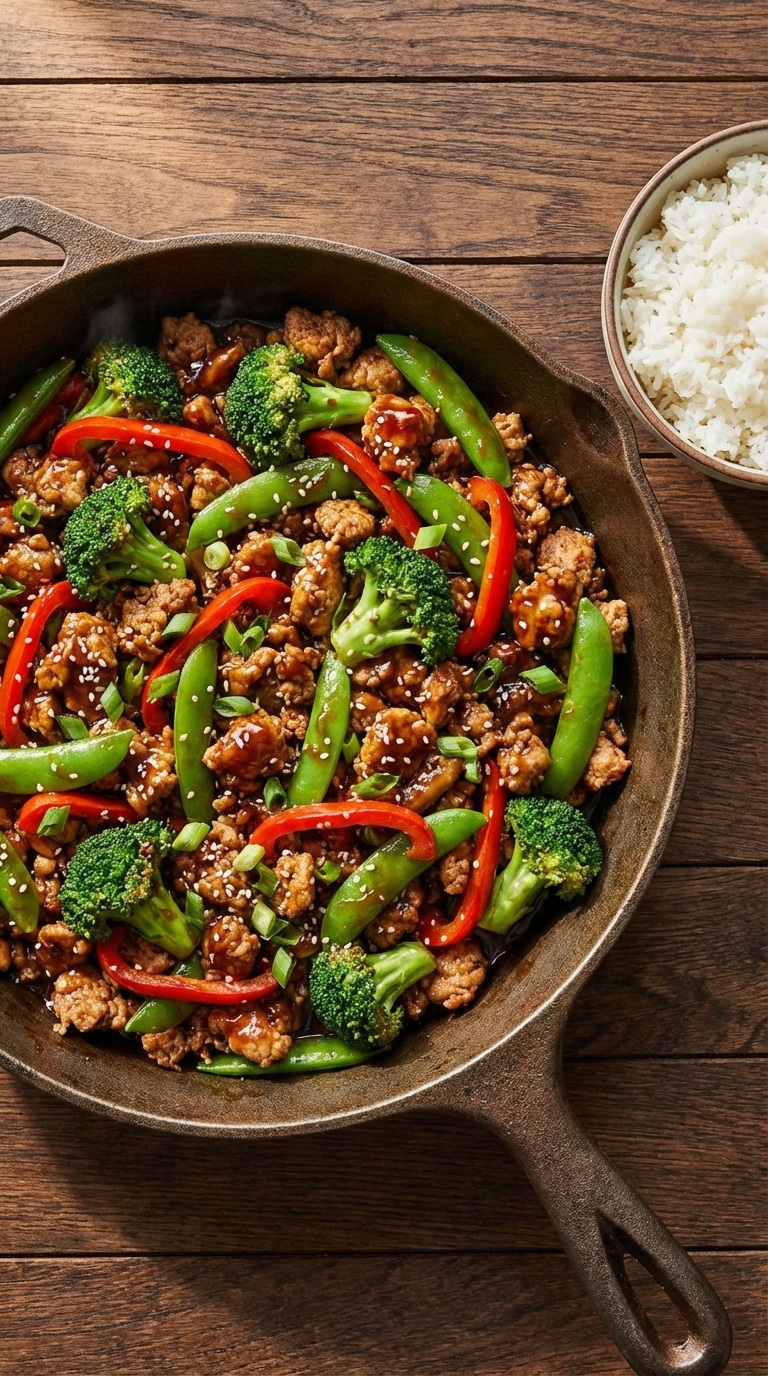 A top-down view of a cast-iron skillet filled with ground turkey, broccoli, and red peppers in a glossy teriyaki sauce, topped with sesame seeds.