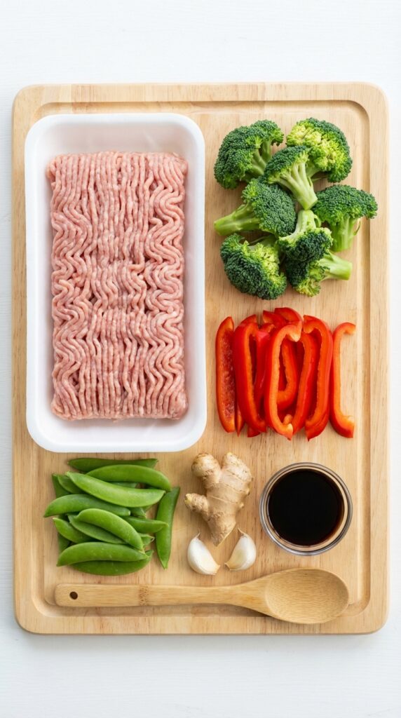 A flat lay showing raw ground turkey, broccoli, red bell pepper, snap peas, ginger, garlic, and soy sauce on a wooden board.