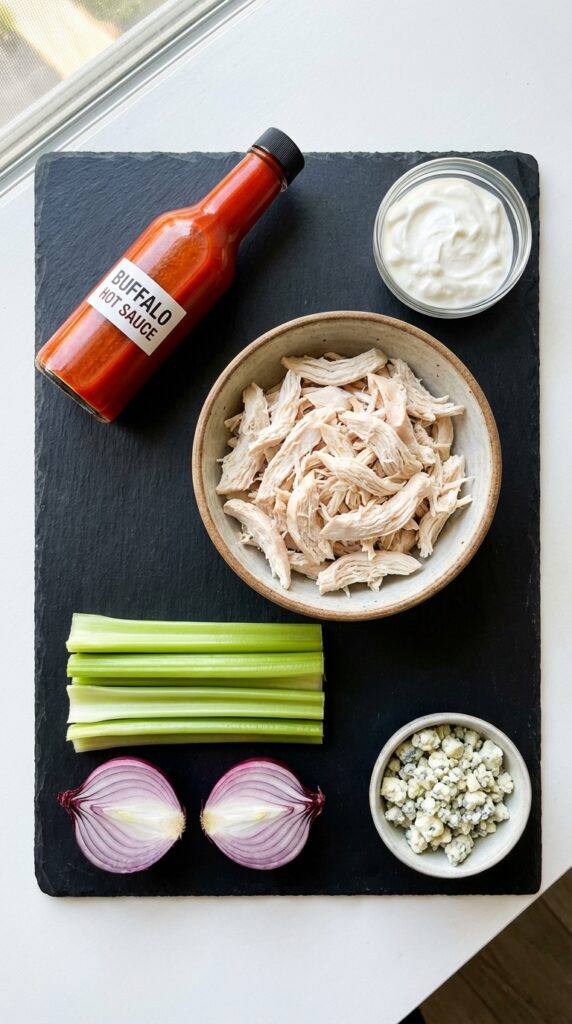 A flat lay showing shredded chicken, buffalo sauce, Greek yogurt, celery, red onion, and blue cheese on a slate board.