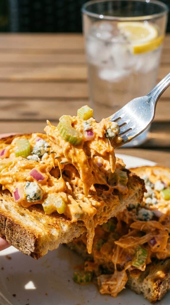 A close-up of a fork lifting a bite of creamy, spicy buffalo chicken salad off a piece of toasted sourdough bread.