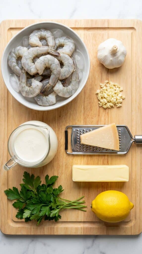 A flat lay showing raw shrimp, heavy cream, garlic cloves, parmesan cheese, butter, lemon, and parsley on a wooden board.