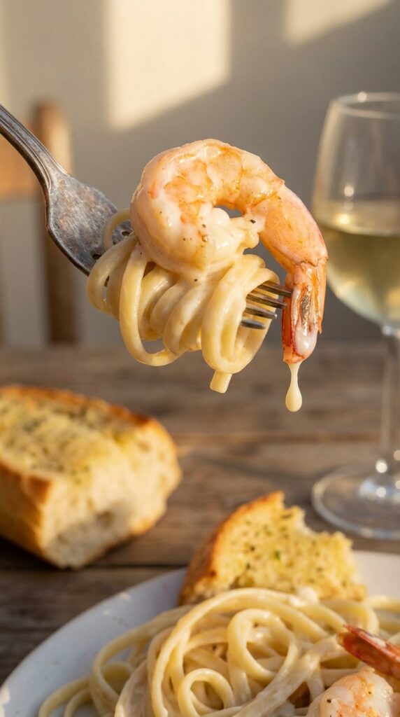 A close-up of a fork holding linguine pasta and a creamy garlic shrimp, with the sauce dripping slightly, and wine in the background.