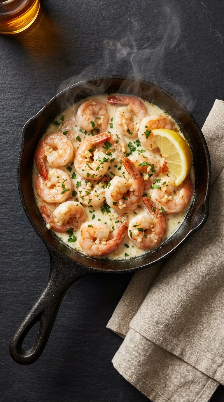 A top-down view of a cast iron skillet filled with large pink shrimp in a creamy white garlic sauce, garnished with parsley and lemon.