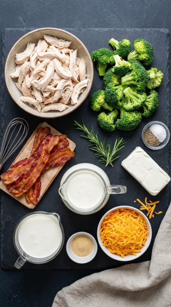 A flat lay showing shredded chicken, broccoli, bacon, cream cheese, heavy cream, and cheddar cheese on a dark slate board.