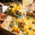A close-up of a spatula lifting a portion of chicken and broccoli casserole, showing a long stringy cheese pull.