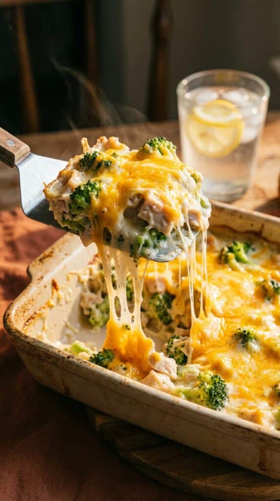 A close-up of a spatula lifting a portion of chicken and broccoli casserole, showing a long stringy cheese pull.