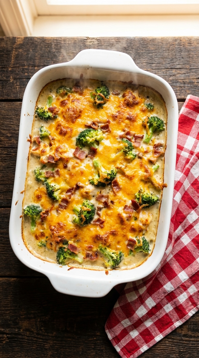 A top-down view of a baking dish filled with chicken, broccoli, and bacon casserole topped with bubbly melted cheddar cheese.