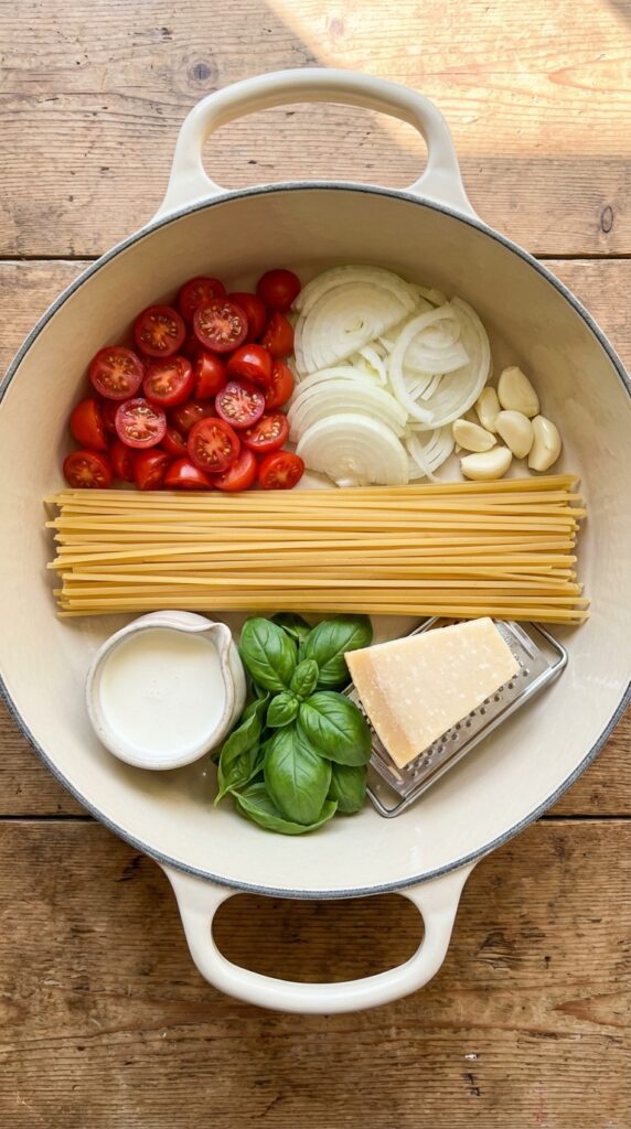 An overhead flat lay showing dry linguine, cherry tomatoes, onions, garlic, cream, and basil arranged neatly inside a large pot before cooking.