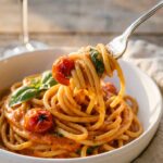 A close-up of a fork twirling creamy tomato pasta with a blistered cherry tomato, lifted from a white bowl.