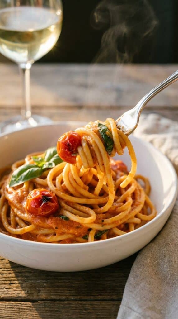 A close-up of a fork twirling creamy tomato pasta with a blistered cherry tomato, lifted from a white bowl.