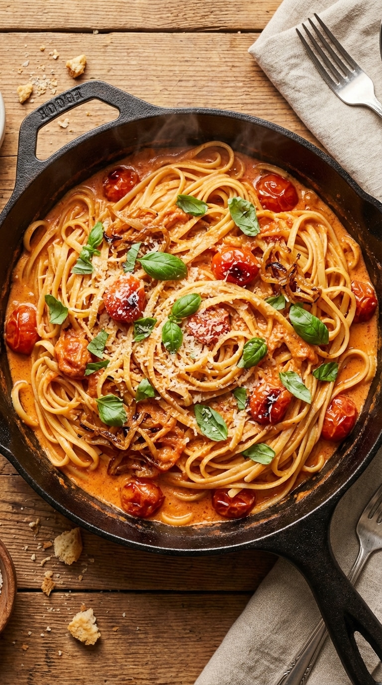 A top-down view of a cast-iron skillet filled with creamy tomato pasta, blistered cherry tomatoes, and fresh basil.