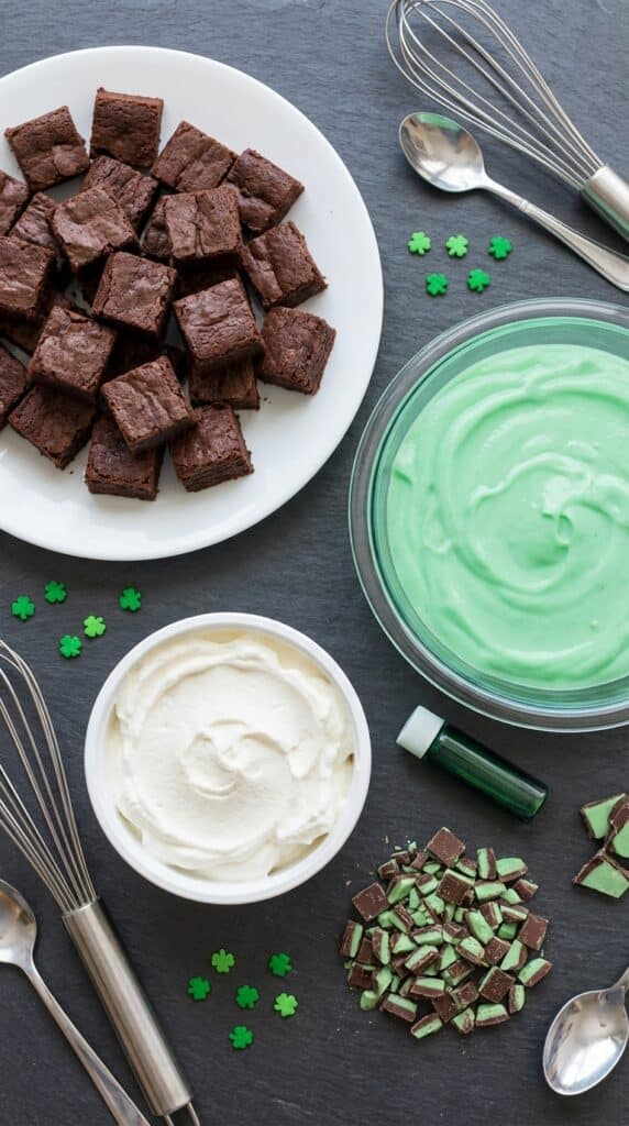 A flat lay showing brownie squares, green pudding, whipped cream, chocolate chips, and festive green sprinkles on a marble background.