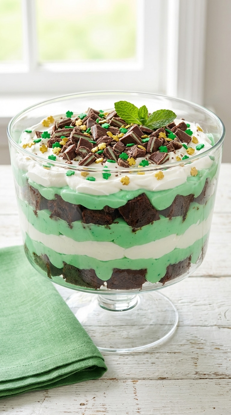 A large glass trifle bowl showing layers of cubed brownies, green pudding, and whipped cream topped with St. Patrick's Day sprinkles and gold coins.