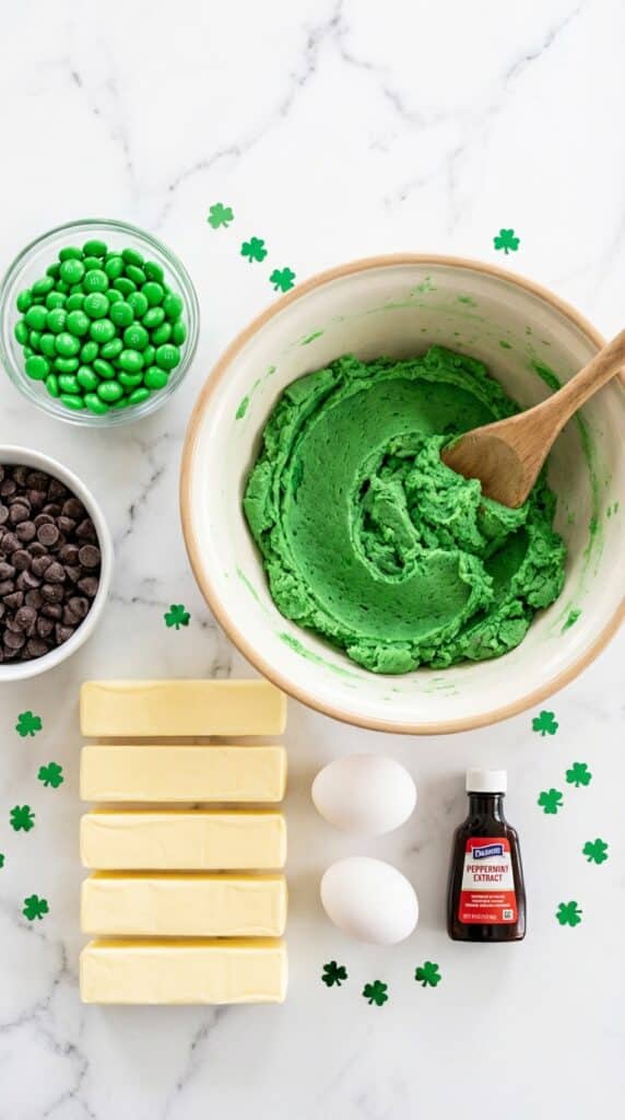 Overhead view of green cookie dough, chocolate chips, green M&Ms, eggs, and butter on a marble surface.