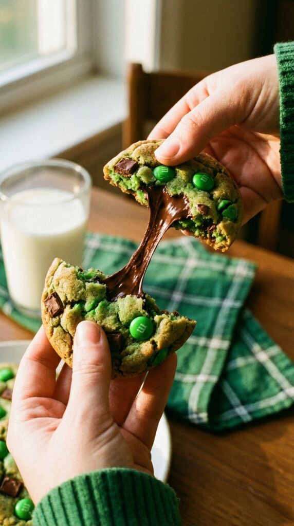 Hands pulling apart a warm green St. Patrick's Day cookie, showing melted chocolate and a soft center.