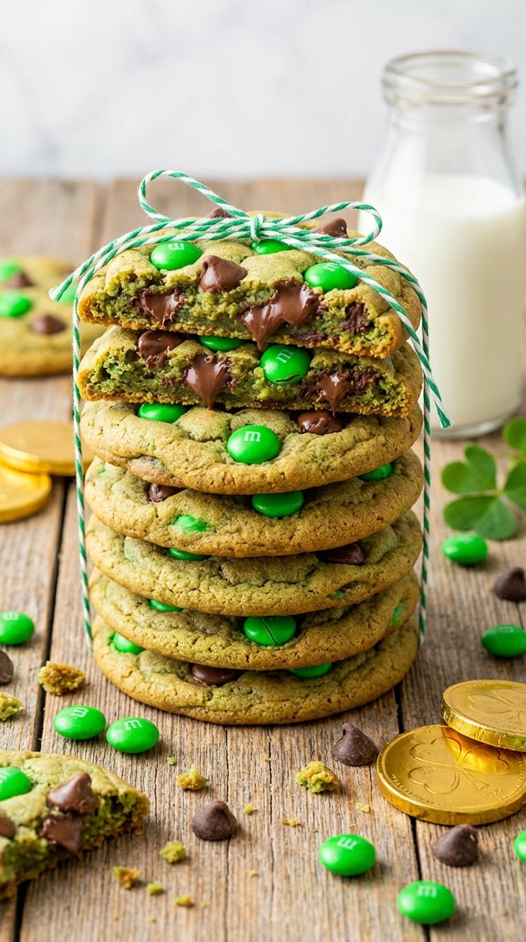 Hands pulling apart a warm green St. Patrick's Day cookie, showing melted chocolate and a soft center.