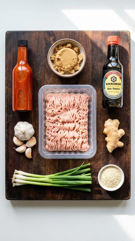 A flat lay showing ground chicken, hot sauce, brown sugar, soy sauce, garlic, ginger, and green onions on a wooden board.