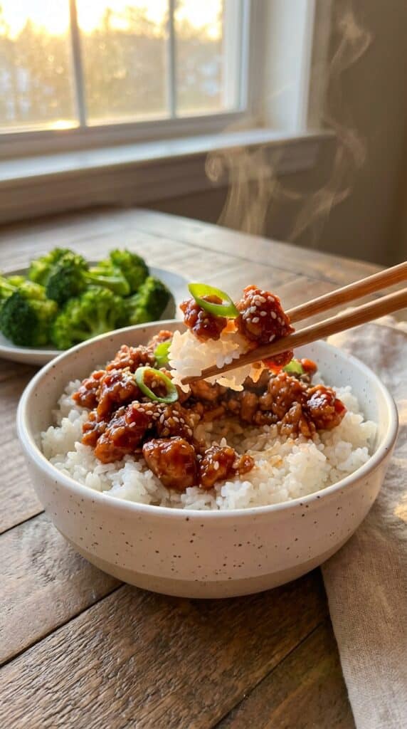 A close-up of chopsticks lifting a bite of sticky firecracker chicken and white rice from a bowl.
