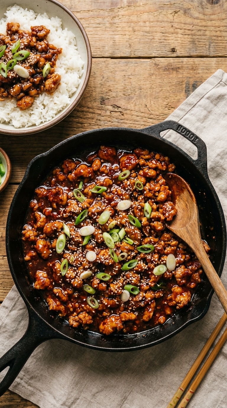 A cast iron skillet filled with sticky, spicy ground chicken garnished with green onions and sesame seeds, next to a rice bowl.