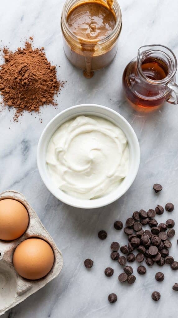 A flat lay showing a bowl of Greek yogurt, cocoa powder, almond butter, maple syrup, eggs, and chocolate chips on a marble counter.