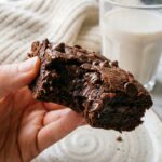A close-up of a hand holding a dark chocolate brownie with a bite taken out, showing a very fudgy interior.