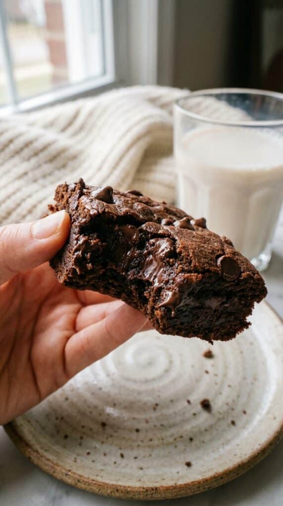 A close-up of a hand holding a dark chocolate brownie with a bite taken out, showing a very fudgy interior.