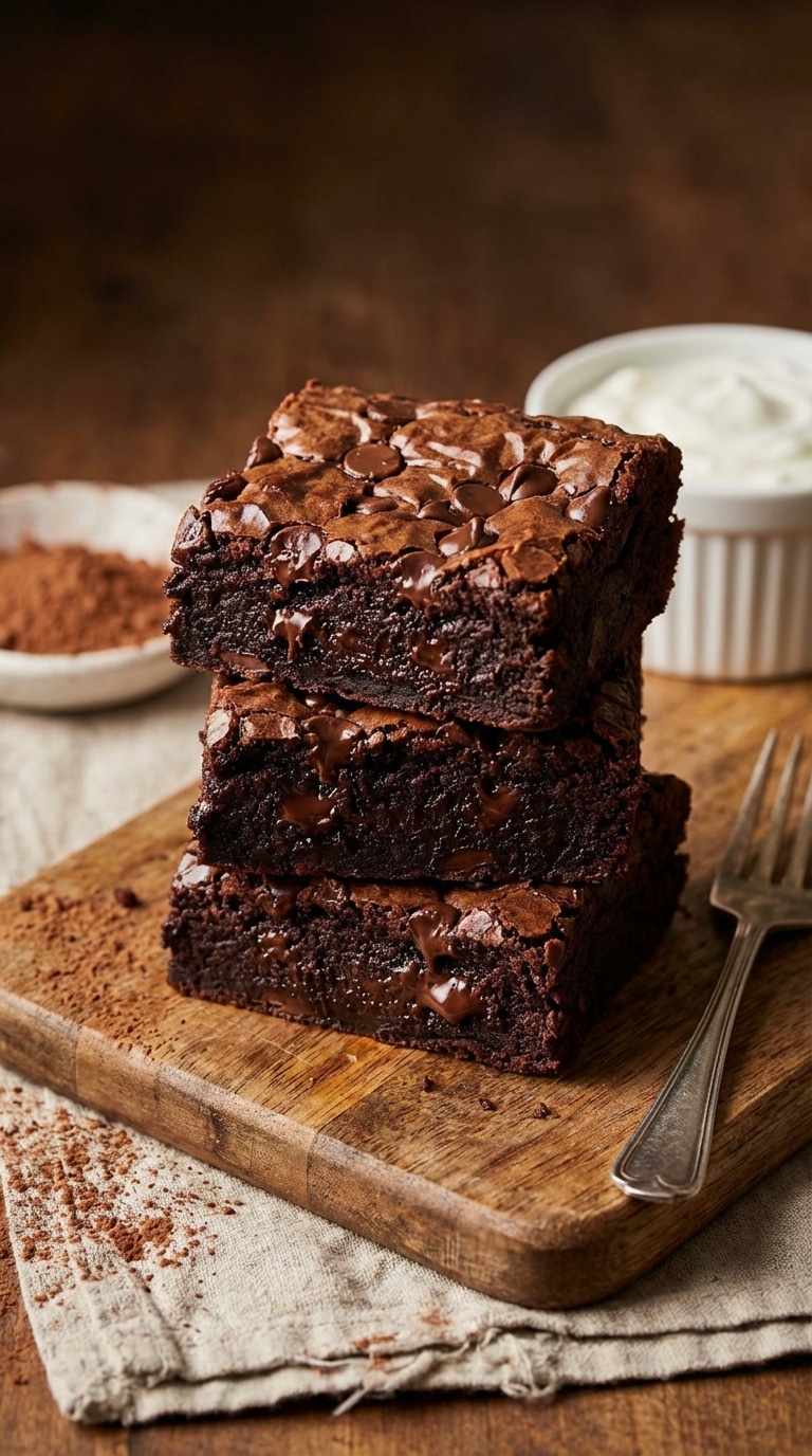 A stack of three thick, fudgy dark chocolate brownies with melted chocolate chips on a wooden board.