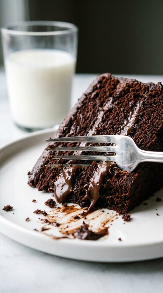A close-up of a fork cutting into a slice of Brooklyn Blackout cake, showing the soft pudding layers and cake crumbs.