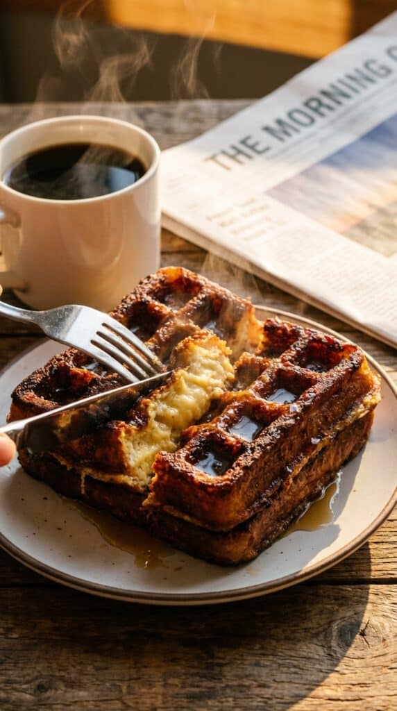 A close-up of a knife and fork cutting into a crispy French toast waffle, showing the soft, fluffy interior with steam rising.