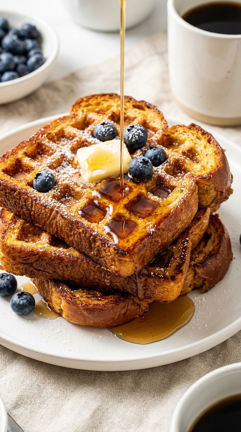 A stack of golden-brown French toast waffles drenched in maple syrup, topped with melting butter and powdered sugar.