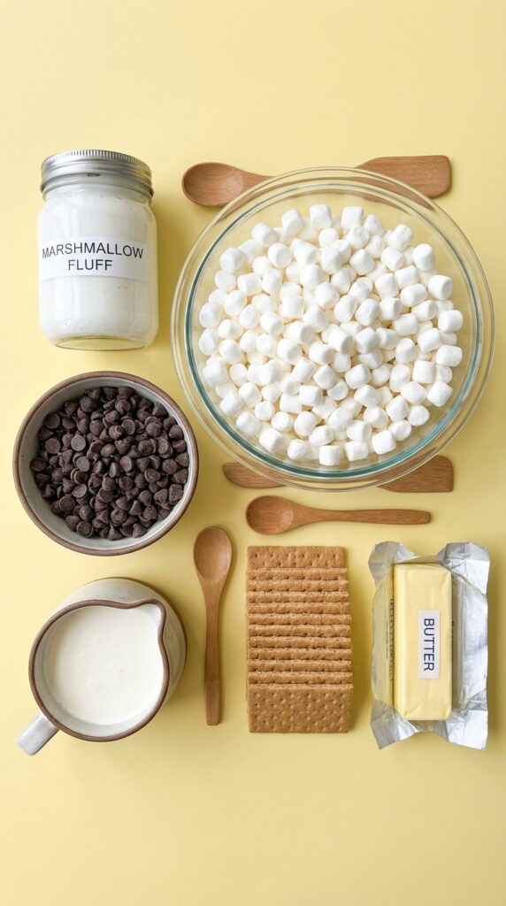 A flat lay showing mini marshmallows, marshmallow fluff, chocolate chips, graham crackers, heavy cream, and butter on a yellow background.
