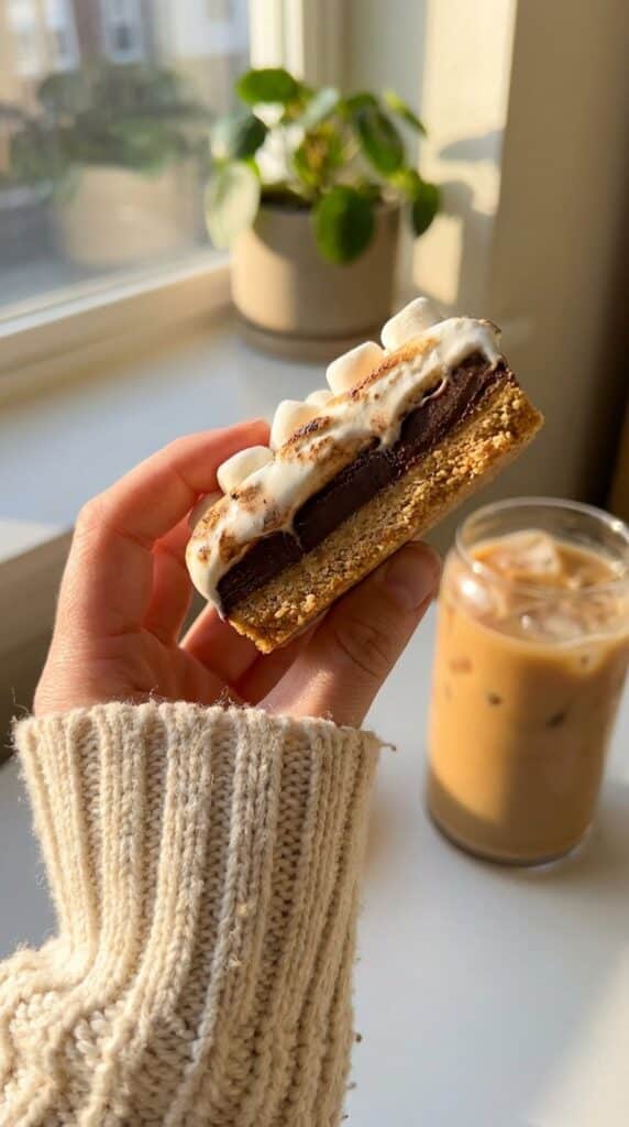 A close-up of a hand holding a layered frozen s'mores bar, showing distinct crust, chocolate, and marshmallow layers.