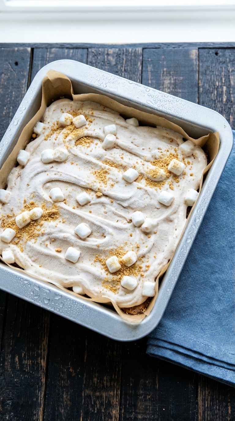 A top-down view of a frozen baking pan filled with layered s'mores bars, showing a marshmallow top studded with mini marshmallows.