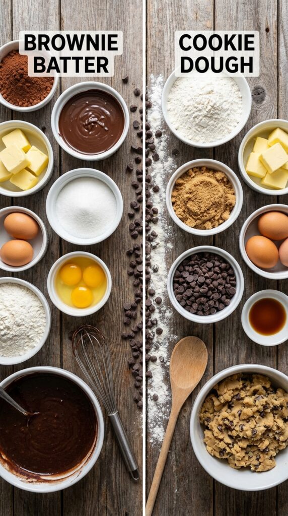 An overhead flat lay of baking ingredients divided into two sections: cocoa powder and melted butter on the left, brown sugar and flour on the right, with chocolate chips in the center.