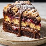 A close-up of hands pulling apart a warm brookie bar, showing a fudgy brownie bottom, a soft cookie top, and a melted chocolate pull.
