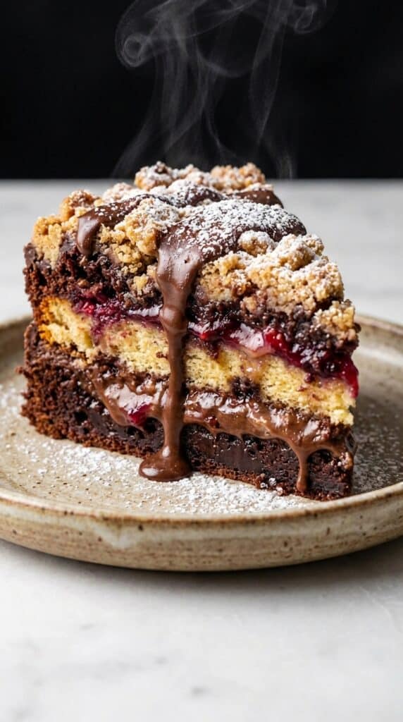 A close-up of hands pulling apart a warm brookie bar, showing a fudgy brownie bottom, a soft cookie top, and a melted chocolate pull.