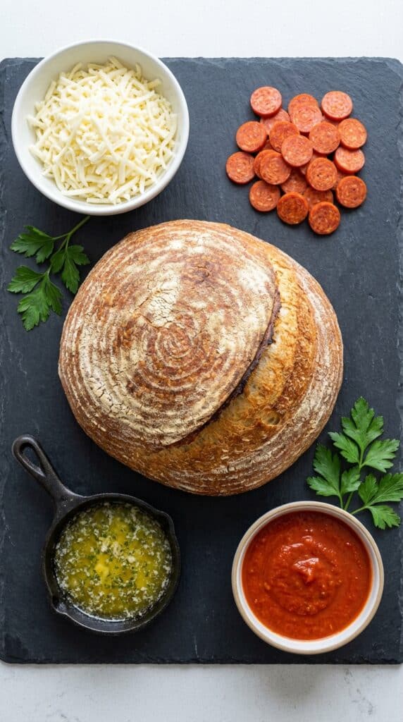 A flat lay showing a round sourdough loaf, shredded mozzarella, mini pepperoni, garlic butter, and marinara sauce on a slate surface.