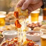 A close-up of a hand pulling a piece of bread from a hot loaf, creating a long, stringy cheese pull with pepperoni attached.